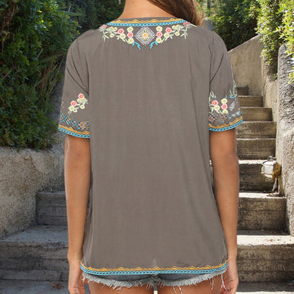Buddha Stones Embroidery Flower Design Short Sleeve V-neck Women's T-Shirt