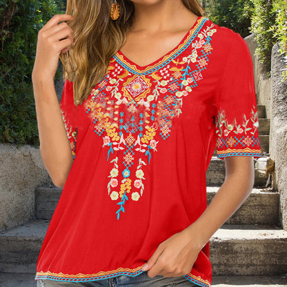 Buddha Stones Embroidery Flower Design Short Sleeve V-neck Women's T-Shirt