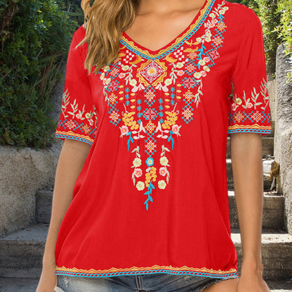 Buddha Stones Embroidery Flower Design Short Sleeve V-neck Women's T-Shirt