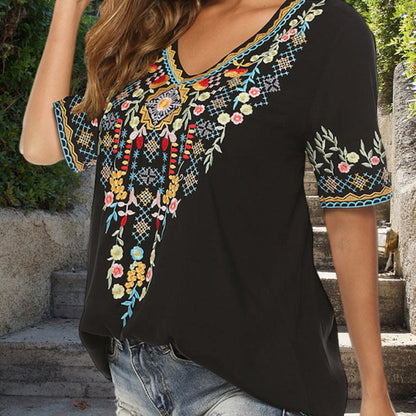 Buddha Stones Embroidery Flower Design Short Sleeve V-neck Women's T-Shirt