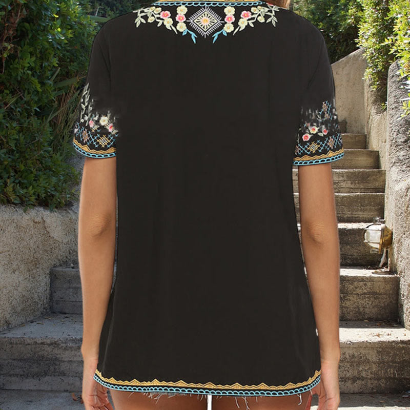 Buddha Stones Embroidery Flower Design Short Sleeve V-neck Women's T-Shirt
