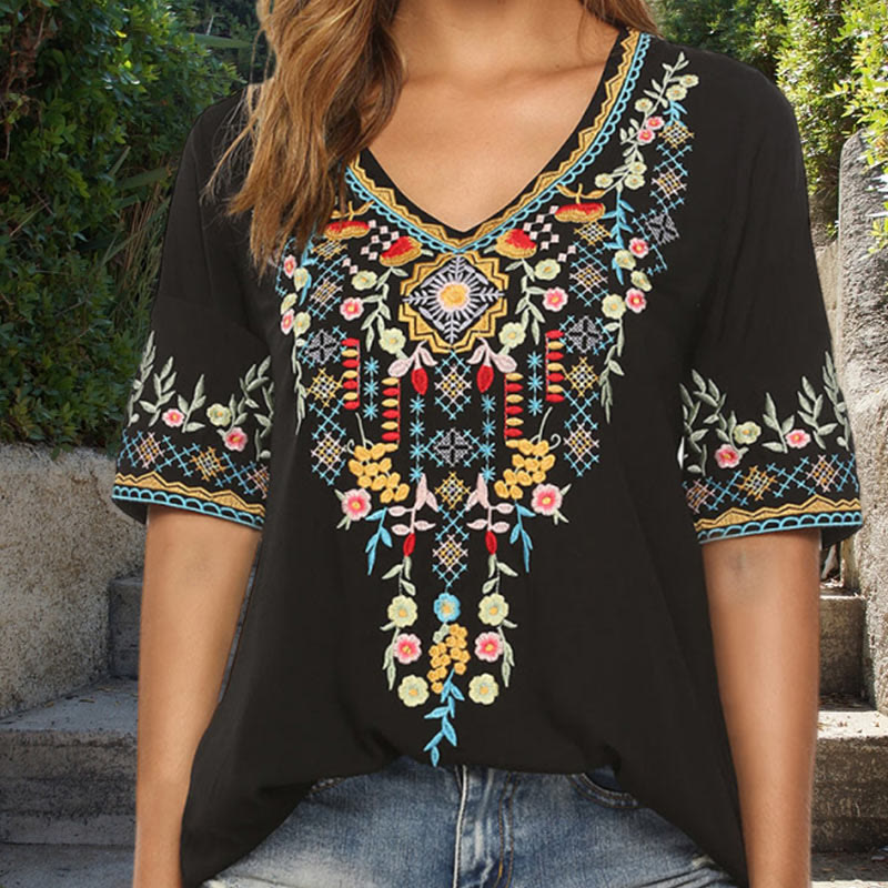 Buddha Stones Embroidery Flower Design Short Sleeve V-neck Women's T-Shirt