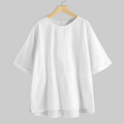 Buddha Stones Summer Casual Plain Half Sleeve Crew Neck Side Slit Women's T-Shirt