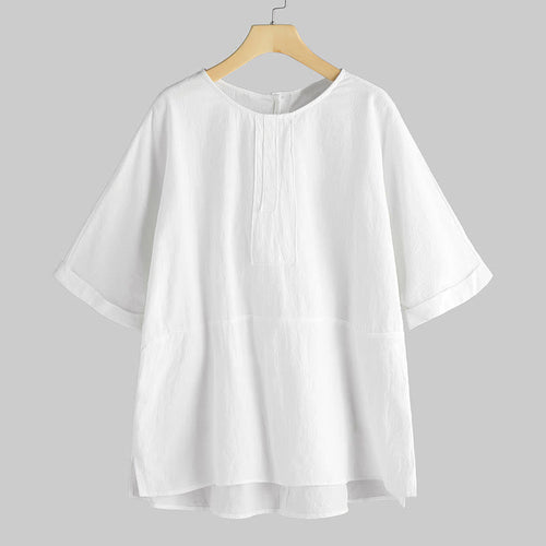 Buddha Stones Summer Casual Plain Half Sleeve Crew Neck Side Slit Women's T-Shirt
