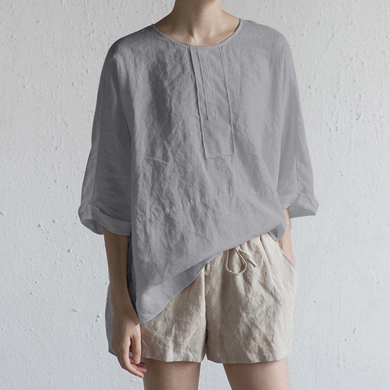 Buddha Stones Summer Casual Plain Half Sleeve Crew Neck Side Slit Women's T-Shirt