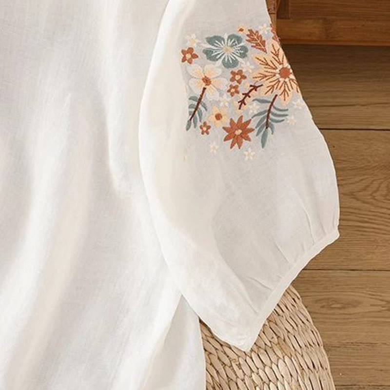 Buddha Stones Casual Flower Leaf Embroidery Women's Crew Neck Design Three Quarter Sleeve T-shirt