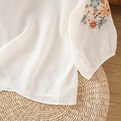 Buddha Stones Casual Flower Leaf Embroidery Women's Crew Neck Design Three Quarter Sleeve T-shirt