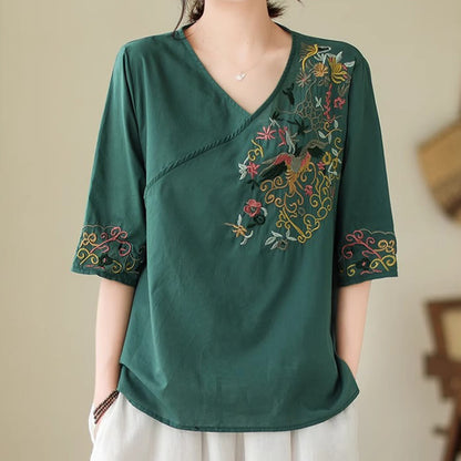 Buddha Stones Casual Colorful embroidery plants bird pattern Women's V-Neck Design Half Sleeve Cotton T-Shirt
