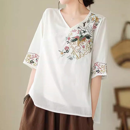 Buddha Stones Casual Colorful embroidery plants bird pattern Women's V-Neck Design Half Sleeve Cotton T-Shirt