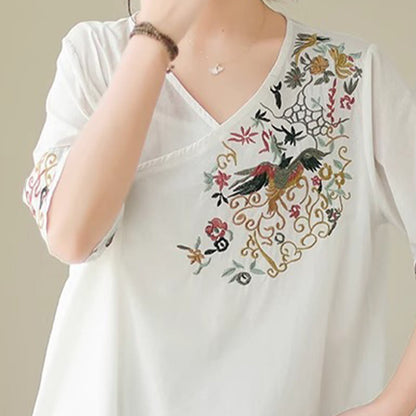 Buddha Stones Casual Colorful embroidery plants bird pattern Women's V-Neck Design Half Sleeve Cotton T-Shirt