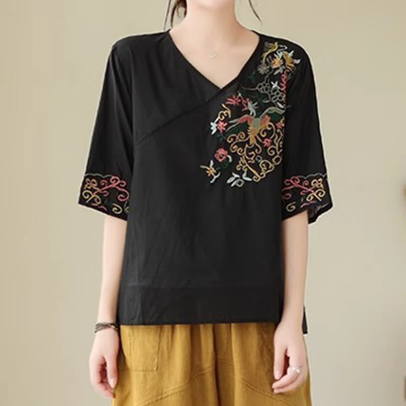 Buddha Stones Casual Colorful embroidery plants bird pattern Women's V-Neck Design Half Sleeve Cotton T-Shirt