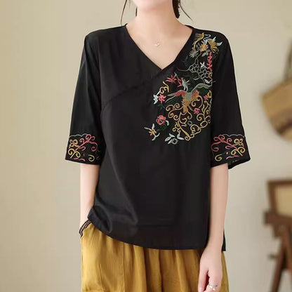 Buddha Stones Casual Colorful embroidery plants bird pattern Women's V-Neck Design Half Sleeve Cotton T-Shirt