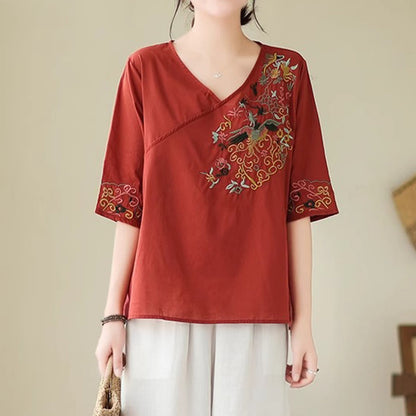 Buddha Stones Casual Colorful embroidery plants bird pattern Women's V-Neck Design Half Sleeve Cotton T-Shirt
