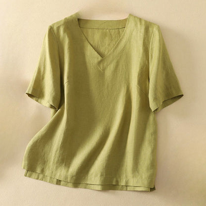 Buddha Stones Summer Casual Plain Polyester Women's V-neck Design Half Sleeve T-shirt