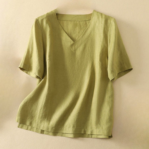 Buddha Stones Summer Casual Plain Polyester Women's V-neck Design Half Sleeve T-shirt
