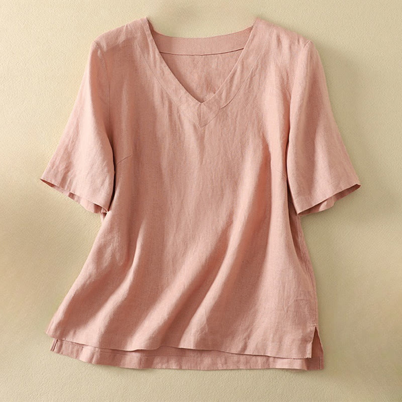 Buddha Stones Summer Casual Plain Polyester Women's V-neck Design Half Sleeve T-shirt