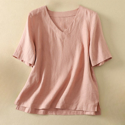 Buddha Stones Summer Casual Plain Polyester Women's V-neck Design Half Sleeve T-shirt