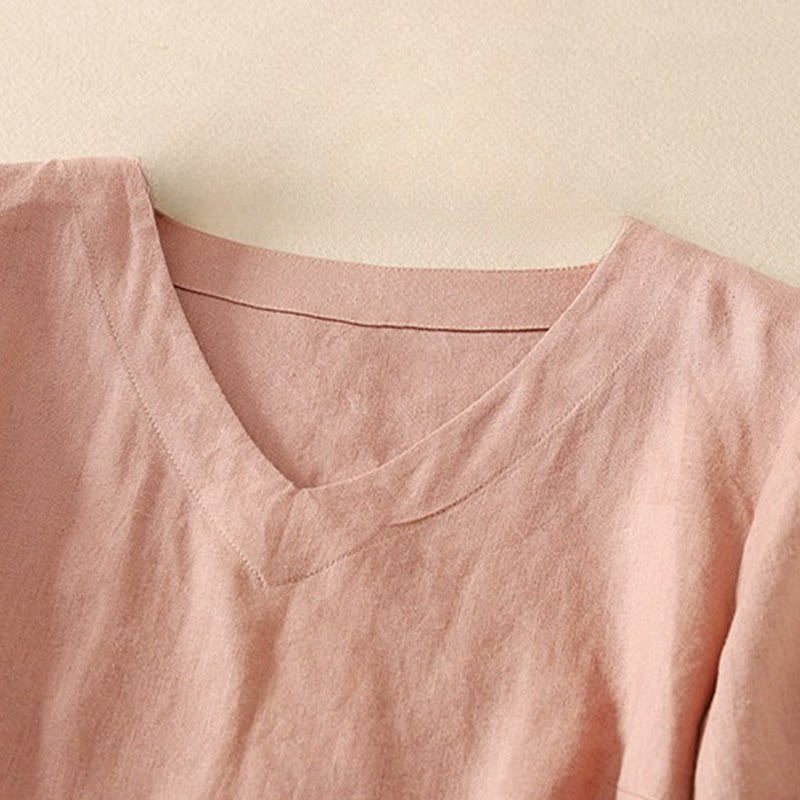 Buddha Stones Summer Casual Plain Polyester Women's V-neck Design Half Sleeve T-shirt