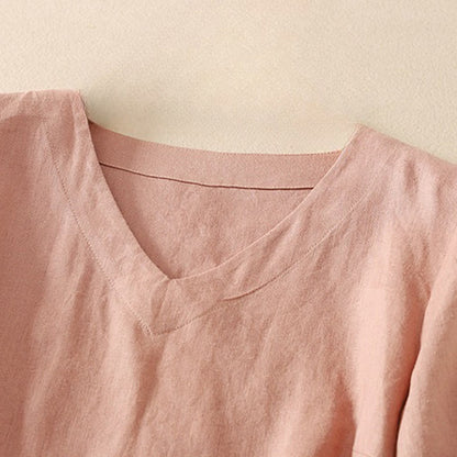 Buddha Stones Summer Casual Plain Polyester Women's V-neck Design Half Sleeve T-shirt