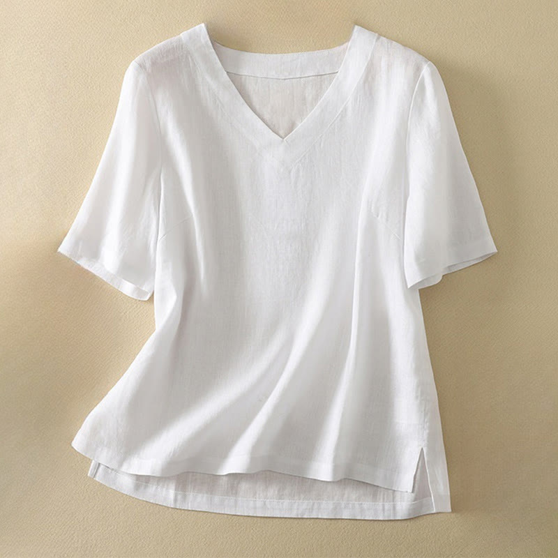 Buddha Stones Summer Casual Plain Polyester Women's V-neck Design Half Sleeve T-shirt