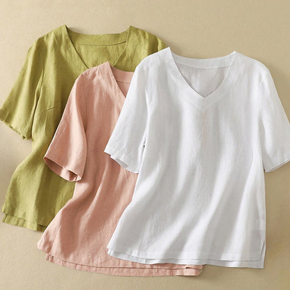 Buddha Stones Summer Casual Plain Polyester Women's V-neck Design Half Sleeve T-shirt