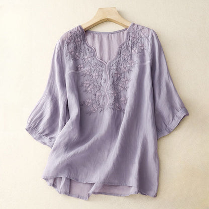 Buddha Stones Summer Casual Embroidered Flowers Women's V-neck Design Half Sleeve Acrylic T-shirt