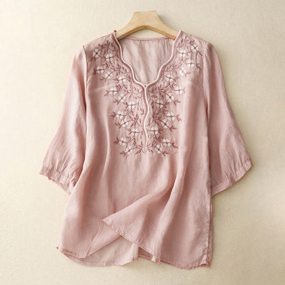 Buddha Stones Summer Casual Embroidered Flowers Women's V-neck Design Half Sleeve Acrylic T-shirt