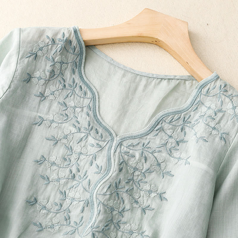 Buddha Stones Summer Casual Embroidered Flowers Women's V-neck Design Half Sleeve Acrylic T-shirt