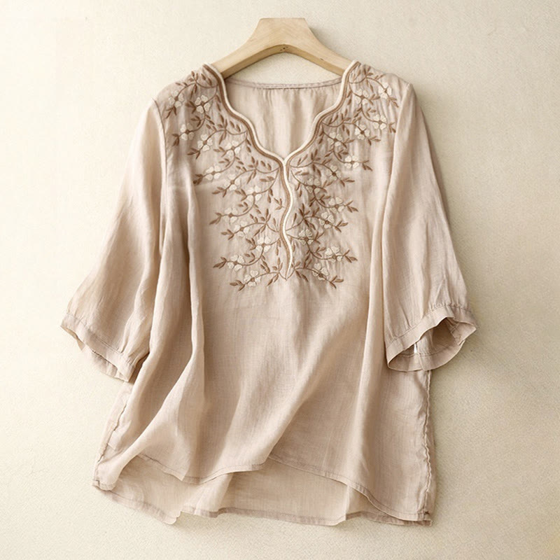 Buddha Stones Summer Casual Embroidered Flowers Women's V-neck Design Half Sleeve Acrylic T-shirt