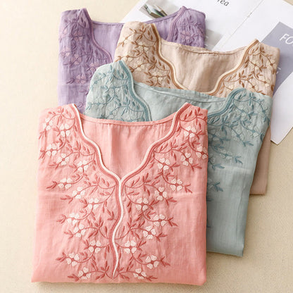 Buddha Stones Summer Casual Embroidered Flowers Women's V-neck Design Half Sleeve Acrylic T-shirt