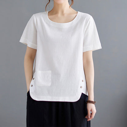 Buddha Stones Side Slit Design Women's Cotton Polyester Crew Neck Short Sleeve T-Shirt Wtih Pocket