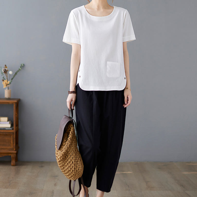 Buddha Stones Side Slit Design Women's Cotton Polyester Crew Neck Short Sleeve T-Shirt Wtih Pocket