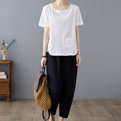 Buddha Stones Side Slit Design Women's Cotton Polyester Crew Neck Short Sleeve T-Shirt Wtih Pocket