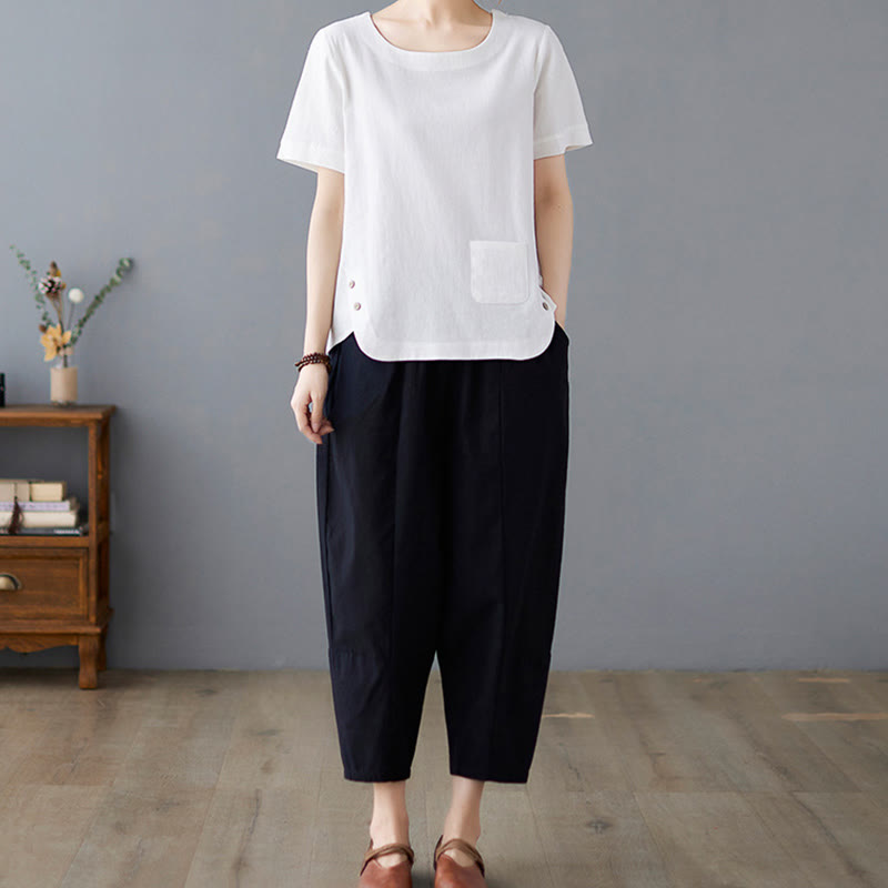 Buddha Stones Side Slit Design Women's Cotton Polyester Crew Neck Short Sleeve T-Shirt Wtih Pocket