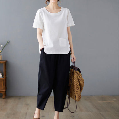 Buddha Stones Side Slit Design Women's Cotton Polyester Crew Neck Short Sleeve T-Shirt Wtih Pocket