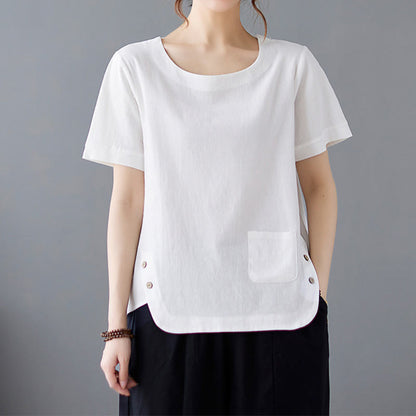 Buddha Stones Side Slit Design Women's Cotton Polyester Crew Neck Short Sleeve T-Shirt Wtih Pocket
