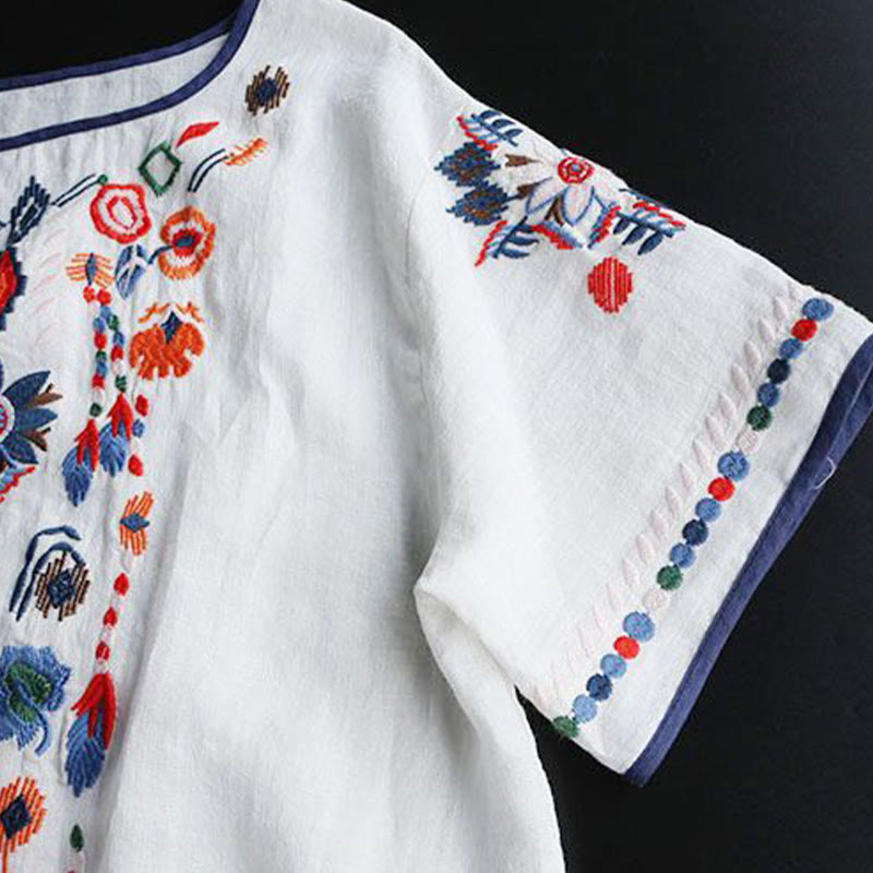 Buddha Stones Retro Artistic Embroidery Floral Pattern Crew Neck Women's Cotton Linen Short Sleeve T-Shirt