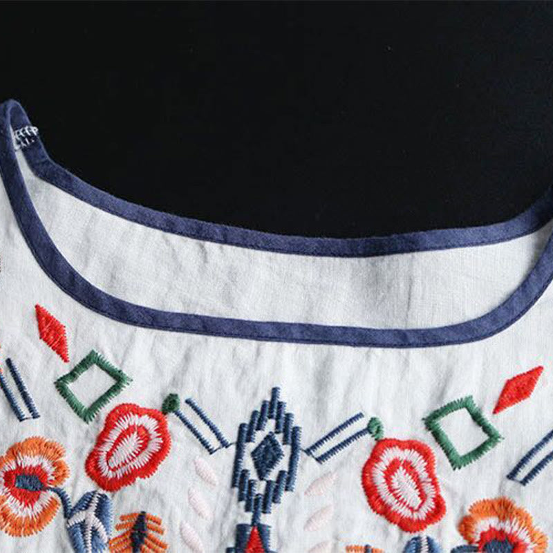 Buddha Stones Retro Artistic Embroidery Floral Pattern Crew Neck Women's Cotton Linen Short Sleeve T-Shirt