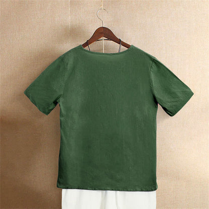 Buddha Stones Casual Summer Pure Color Jacquard Button Crew Neck Women's Short Sleeve T-Shirt