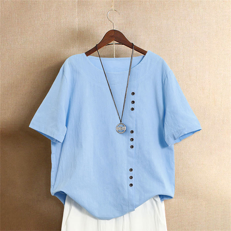 Buddha Stones Casual Summer Pure Color Jacquard Button Crew Neck Women's Short Sleeve T-Shirt