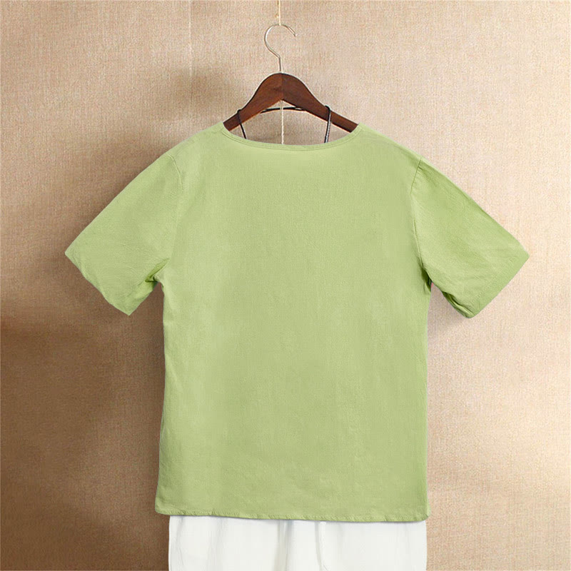 Buddha Stones Casual Summer Pure Color Jacquard Button Crew Neck Women's Short Sleeve T-Shirt