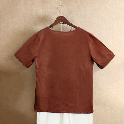 Buddha Stones Casual Summer Pure Color Jacquard Button Crew Neck Women's Short Sleeve T-Shirt