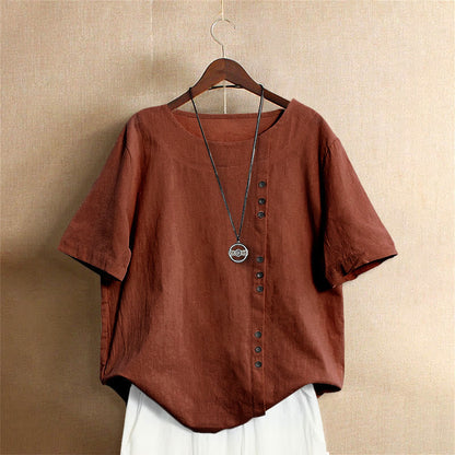 Buddha Stones Casual Summer Pure Color Jacquard Button Crew Neck Women's Short Sleeve T-Shirt