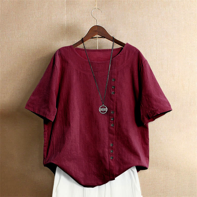 Buddha Stones Casual Summer Pure Color Jacquard Button Crew Neck Women's Short Sleeve T-Shirt