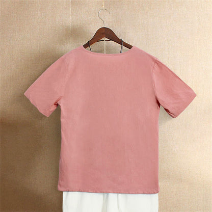 Buddha Stones Casual Summer Pure Color Jacquard Button Crew Neck Women's Short Sleeve T-Shirt