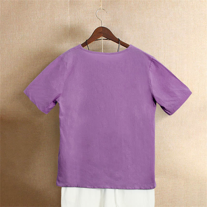 Buddha Stones Casual Summer Pure Color Jacquard Button Crew Neck Women's Short Sleeve T-Shirt