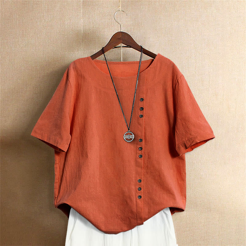 Buddha Stones Casual Summer Pure Color Jacquard Button Crew Neck Women's Short Sleeve T-Shirt