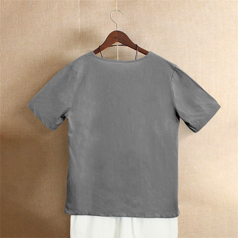 Buddha Stones Casual Summer Pure Color Jacquard Button Crew Neck Women's Short Sleeve T-Shirt