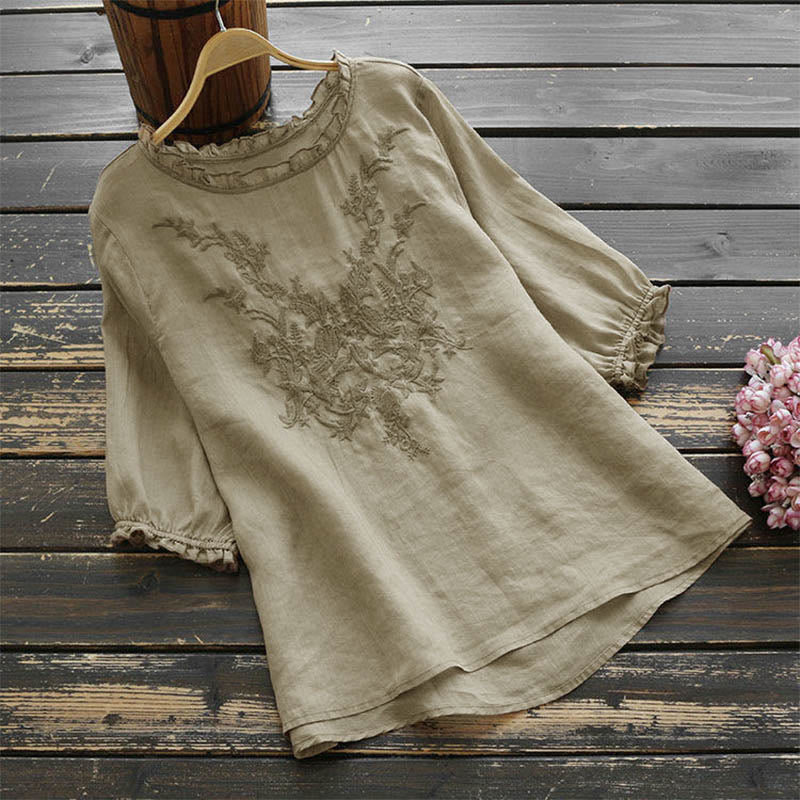 Buddha Stones Women's Flower Embroidery Design Crew Neck T-shirt Tee