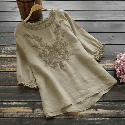 Buddha Stones Women's Flower Embroidery Design Crew Neck T-shirt Tee